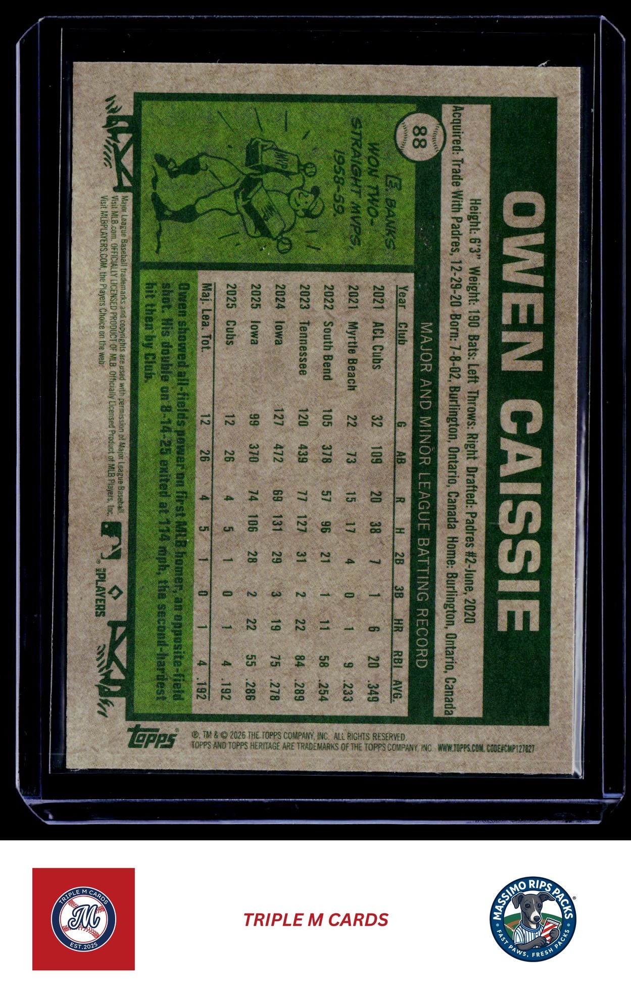2026 Topps Heritage #88 Owen Caissie Chrome Light Blue Sparkle Refractors