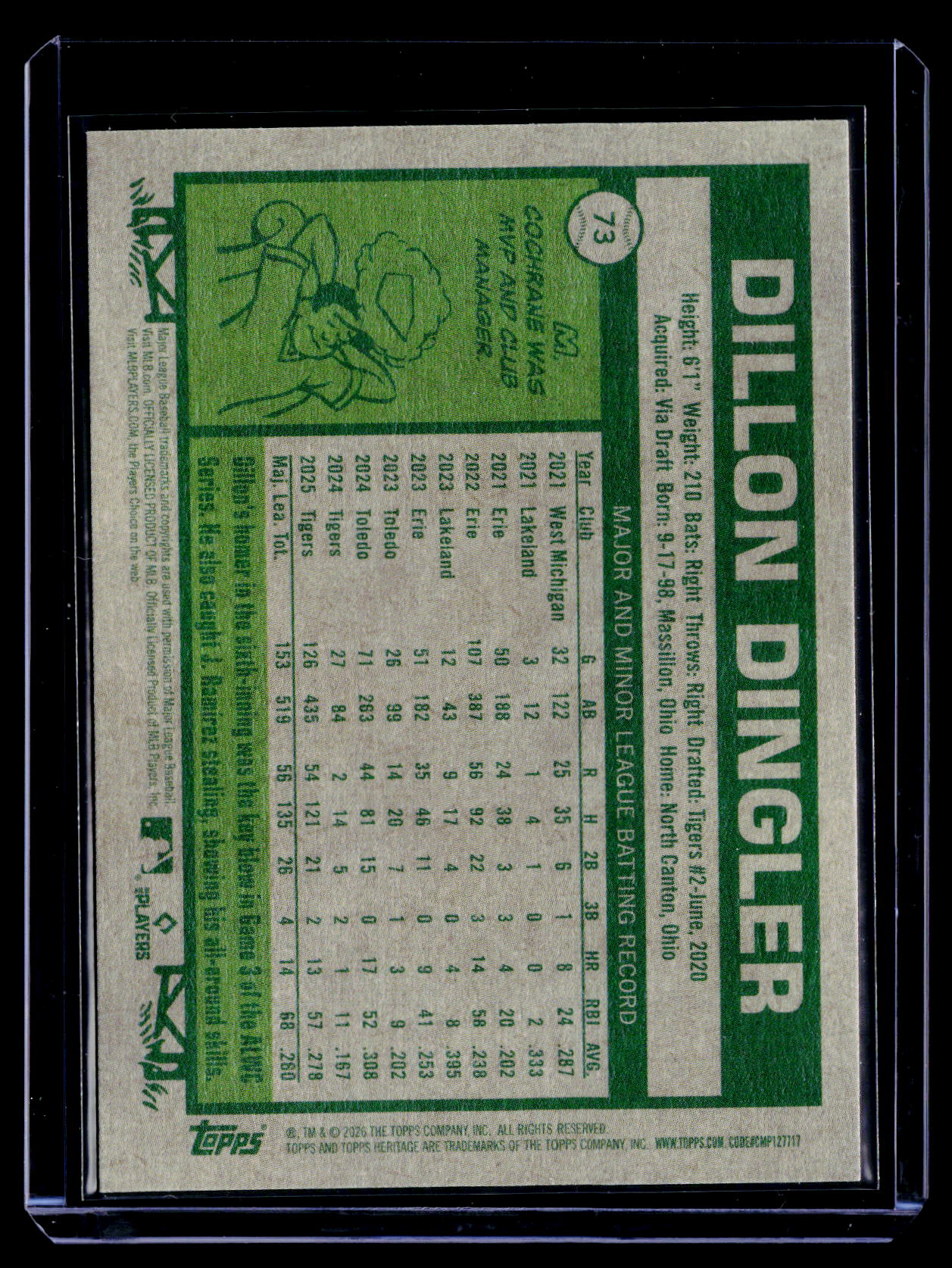 2026 Topps Heritage #73 Dillon Dingler Dark Yellow