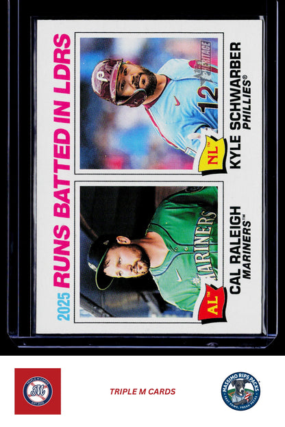 2026 Topps Heritage #3 2025 RBI Leaders (Cal Raleigh / Kyle Schwarber)