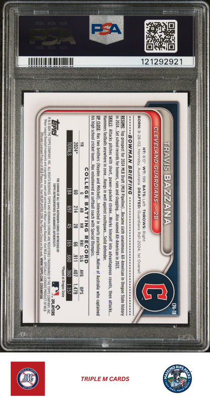 2024 Bowman Draft #CPA-TB Travis Bazzana Chrome Prospect Autographs PSA 9
