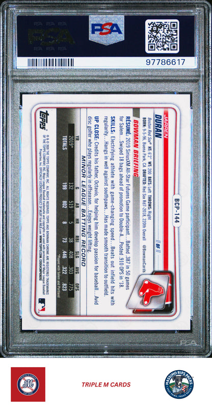 2020 Bowman Chrome Prospects #BCP144 Jarren Duran Prospects-Atomic Ref. PSA 9