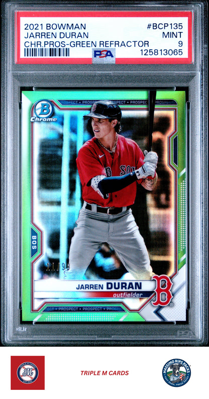 2021 Bowman Chrome Prospects #BCP135 Jarren Duran Chr.Pros-Green Refractor PSA 9