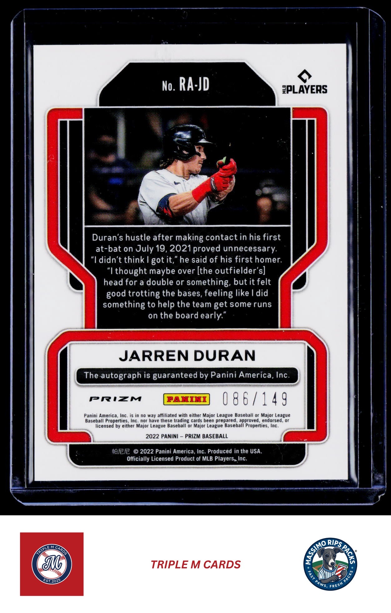 2022 Panini Prizm #RA-JD Jarren Duran Rookie Autographs Blue Prizm #/149