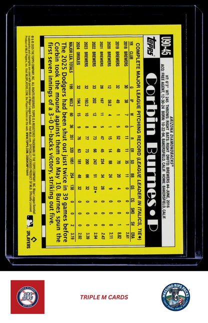 2025 Topps Update #U90-45 Corbin Burnes 1990 Topps Baseball 35th Anniversary