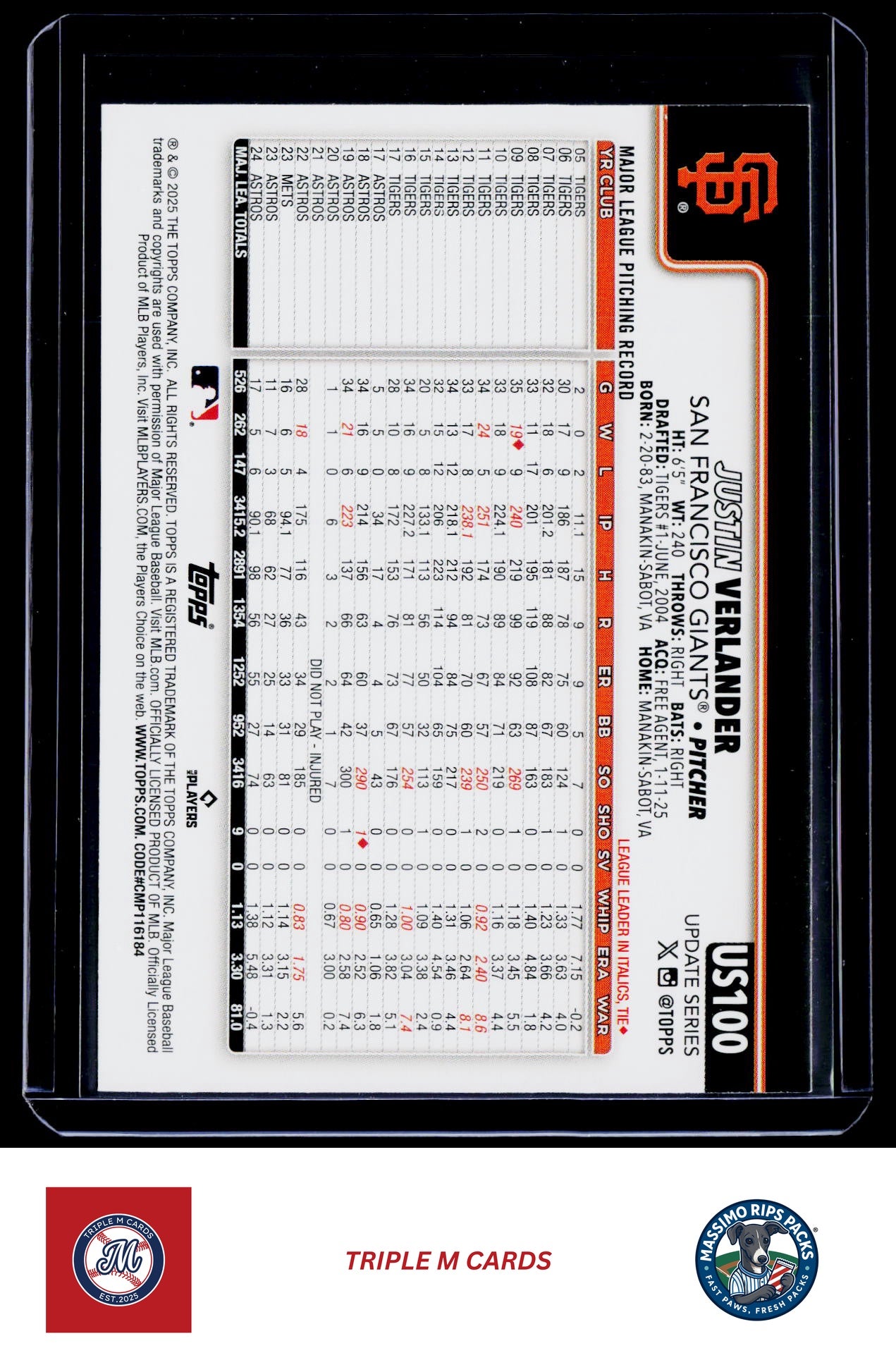 2025 Topps Update #US100 Justin Verlander