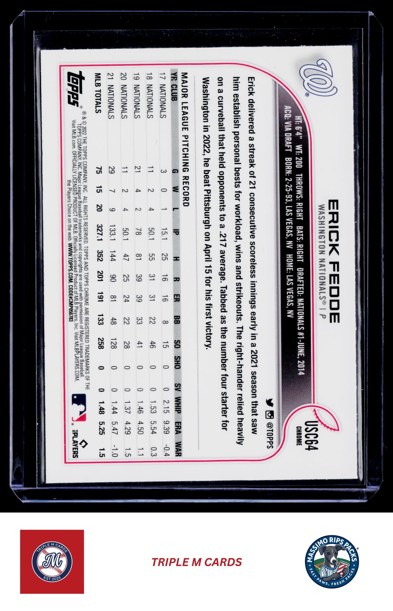 2022 Topps Chrome Update #USC64 Erick Fedde Pink Wave Refractor