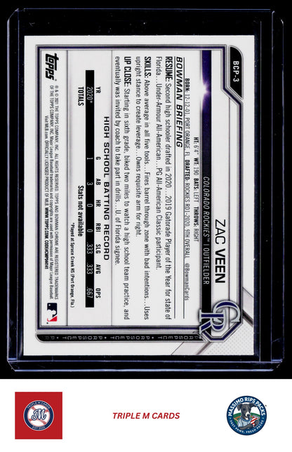 2021 Bowman #BCP-3 Zac Veen Chrome Prospects