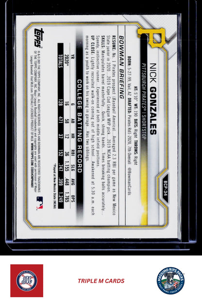 2021 Bowman #BCP-34 Nick Gonzales Chrome Prospects Mojo Refractor Gold #/50