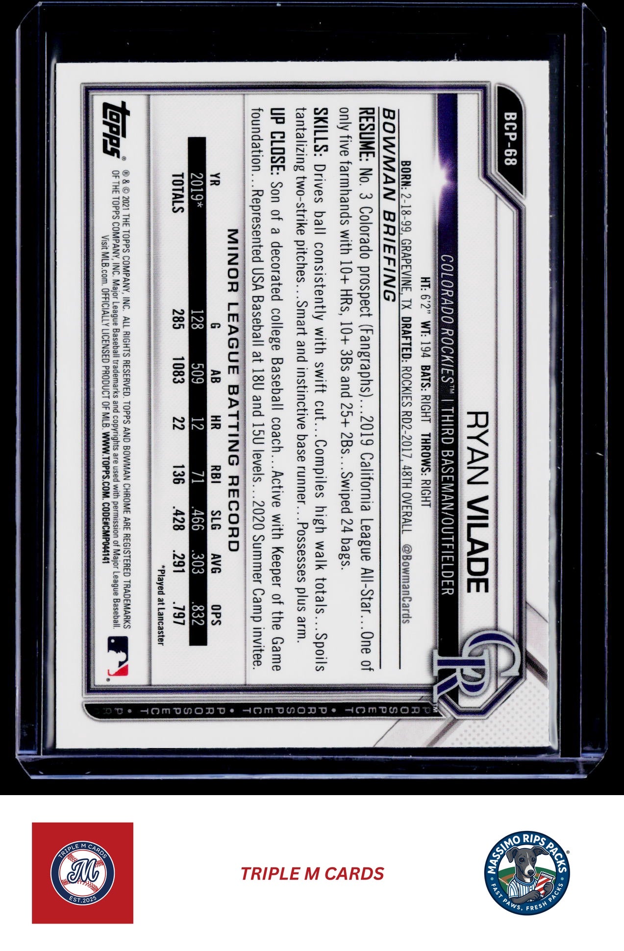 2021 Bowman #BCP-68 Ryan Vilade Chrome Prospects