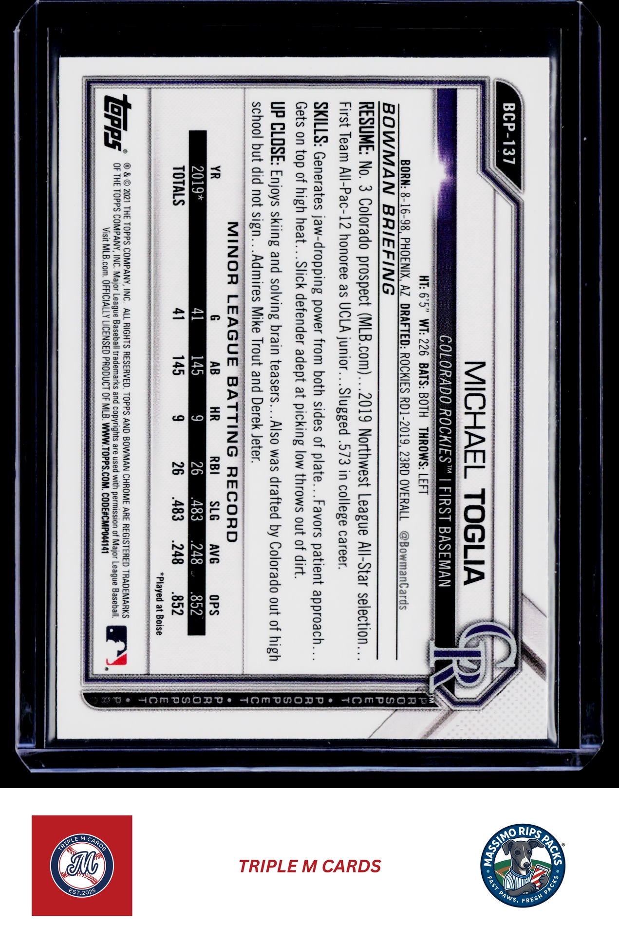 2021 Bowman #BCP-137 Michael Toglia Chrome Prospects