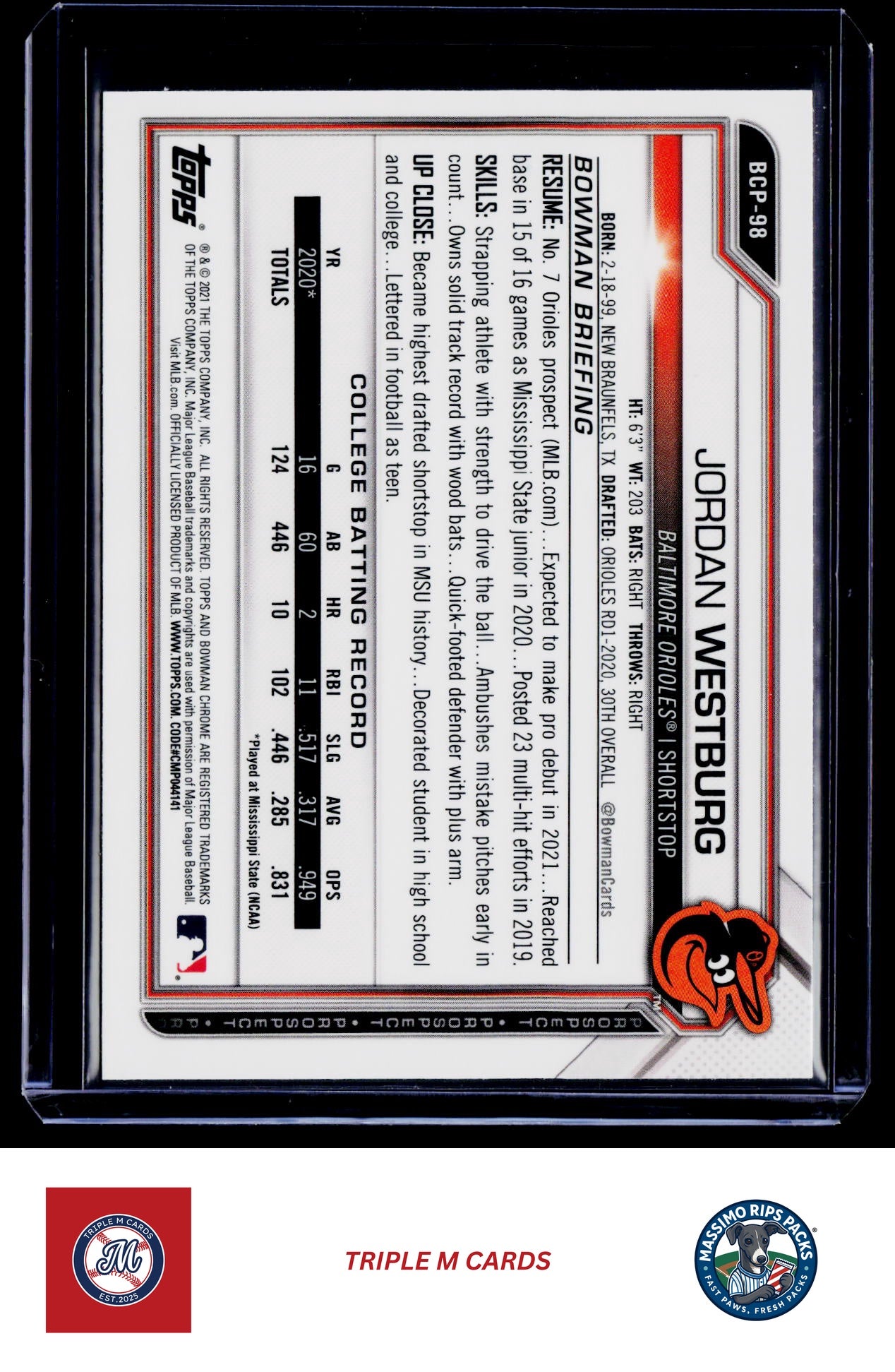 2021 Bowman #BCP-98 Jordan Westburg Chrome Prospects