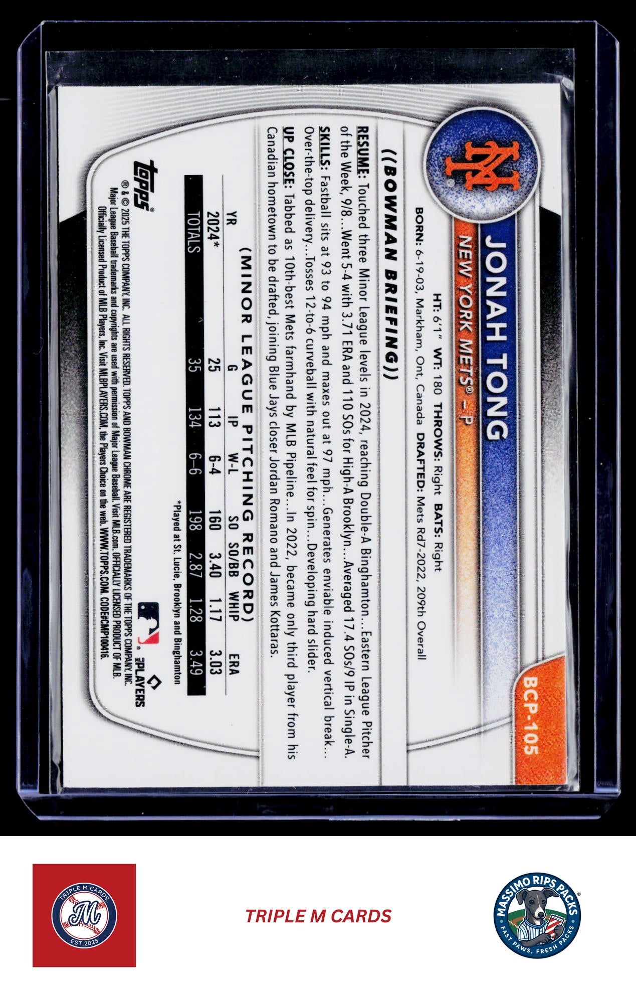 2025 Bowman #BCP-105 Jonah Tong Chrome Prospects