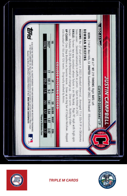 2022 Bowman Draft #BDC-113 Justin Campbell Chrome