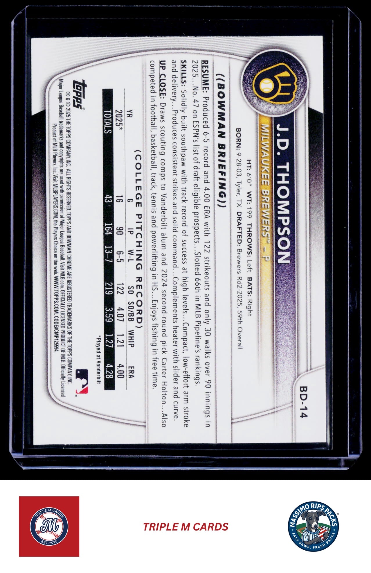 2025 Bowman Draft #BD-14 JD Thompson