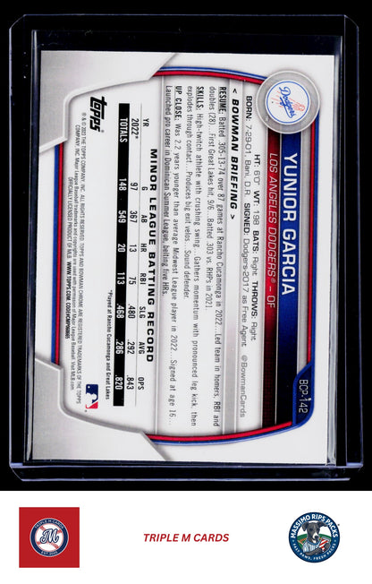 2023 Bowman #BCP-142 Yunior Garcia Chrome Prospects