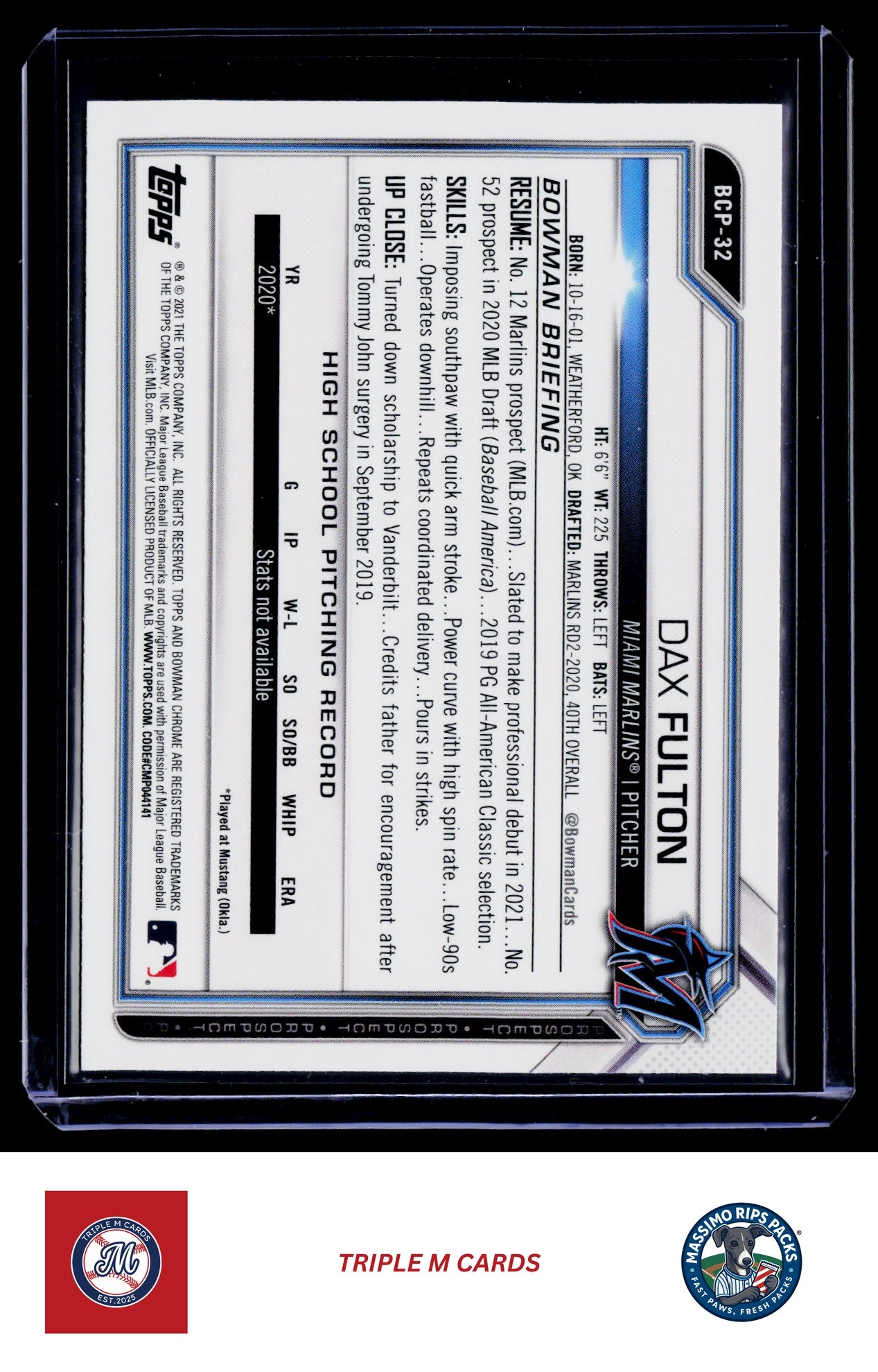 2021 Bowman #BCP-32 Dax Fulton Chrome Prospects