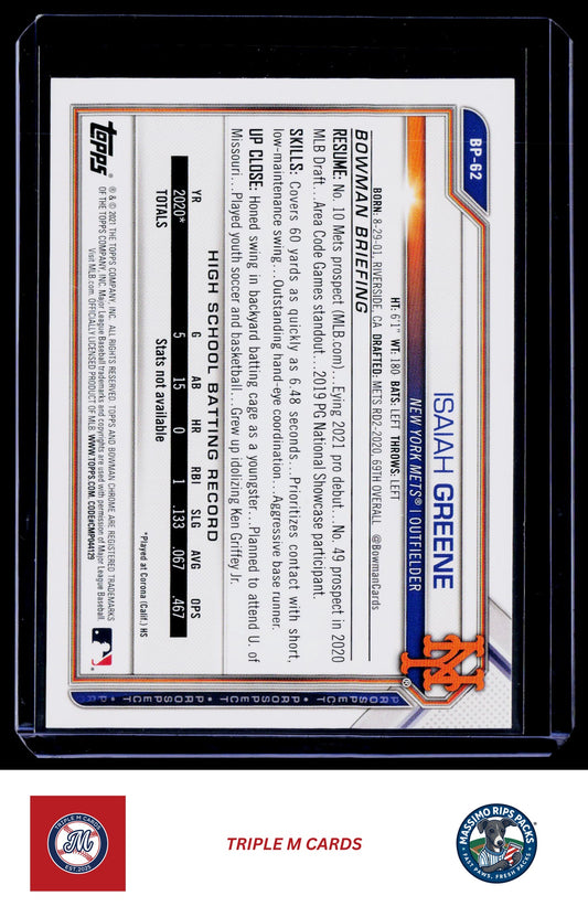 2021 Bowman #BP-62 Isaiah Greene Prospects