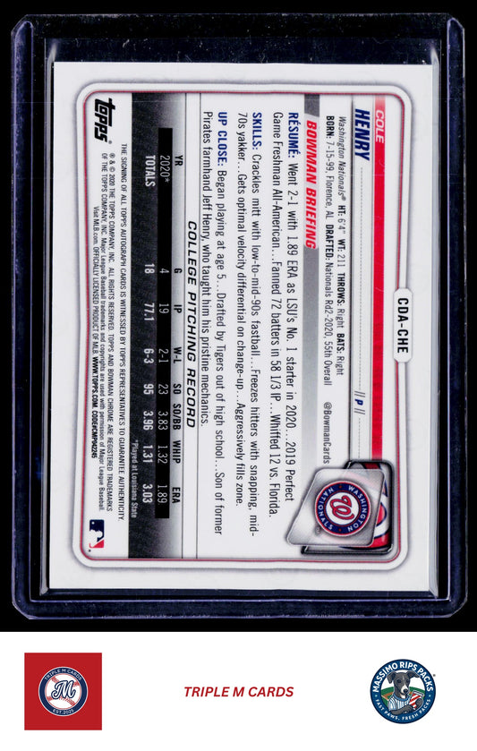 2020 Bowman Draft #CDA-CHE Cole Henry Chrome Draft Pick Autographs Purple #/250