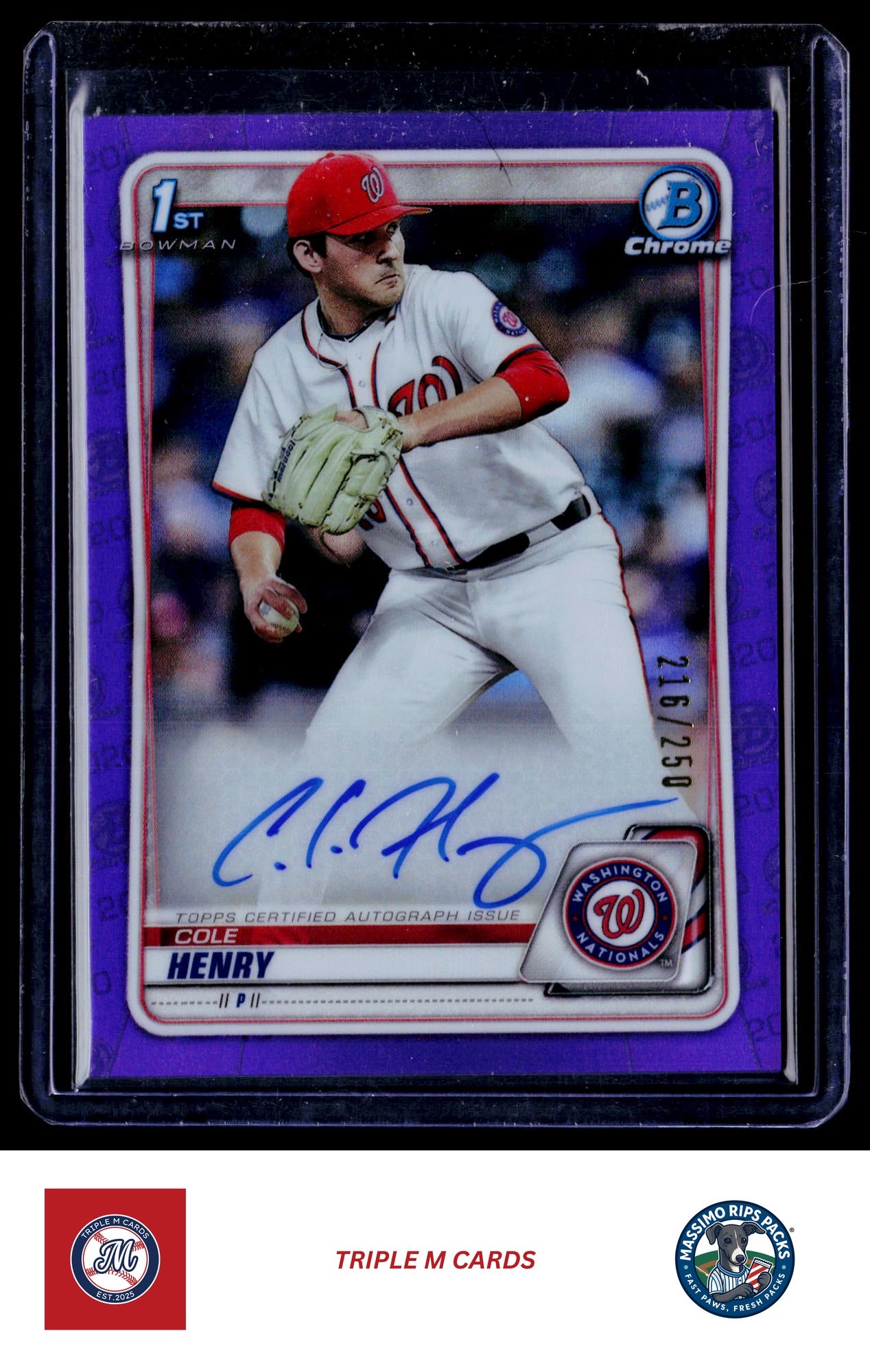 2020 Bowman Draft #CDA-CHE Cole Henry Chrome Draft Pick Autographs Purple #/250