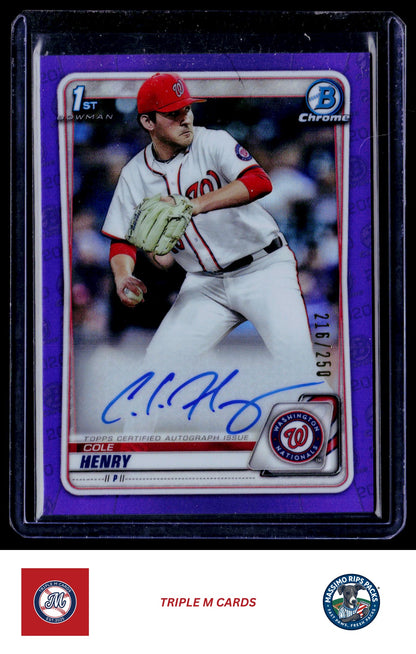 2020 Bowman Draft #CDA-CHE Cole Henry Chrome Draft Pick Autographs Purple #/250