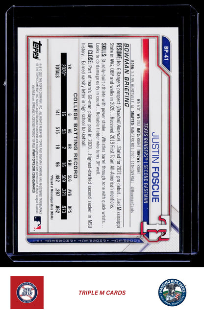 2021 Bowman #BP-41 Justin Foscue Prospects