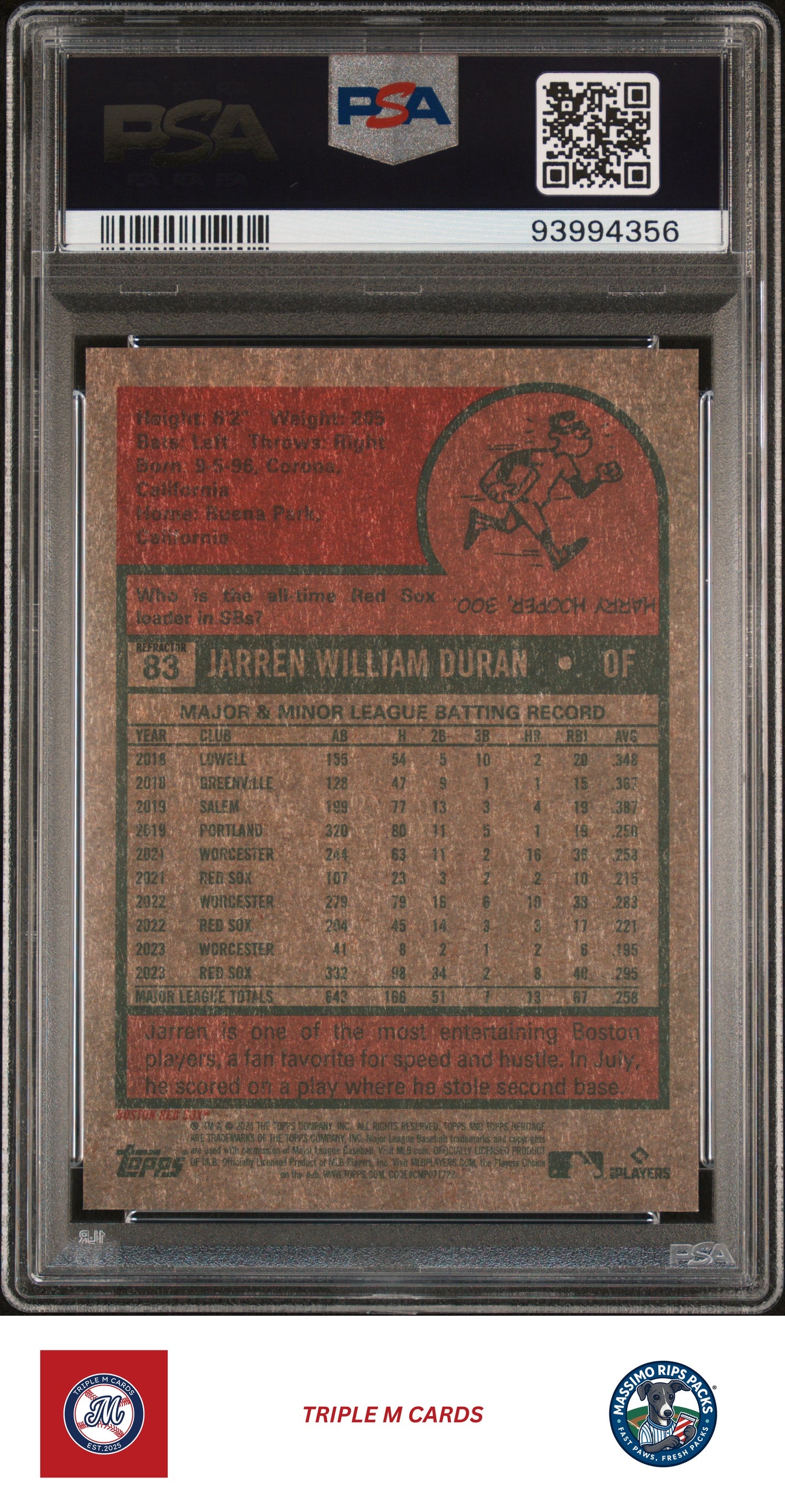 2024 Topps Heritage #83 Jarren Duran Chrome Refractor PSA 9 #/575