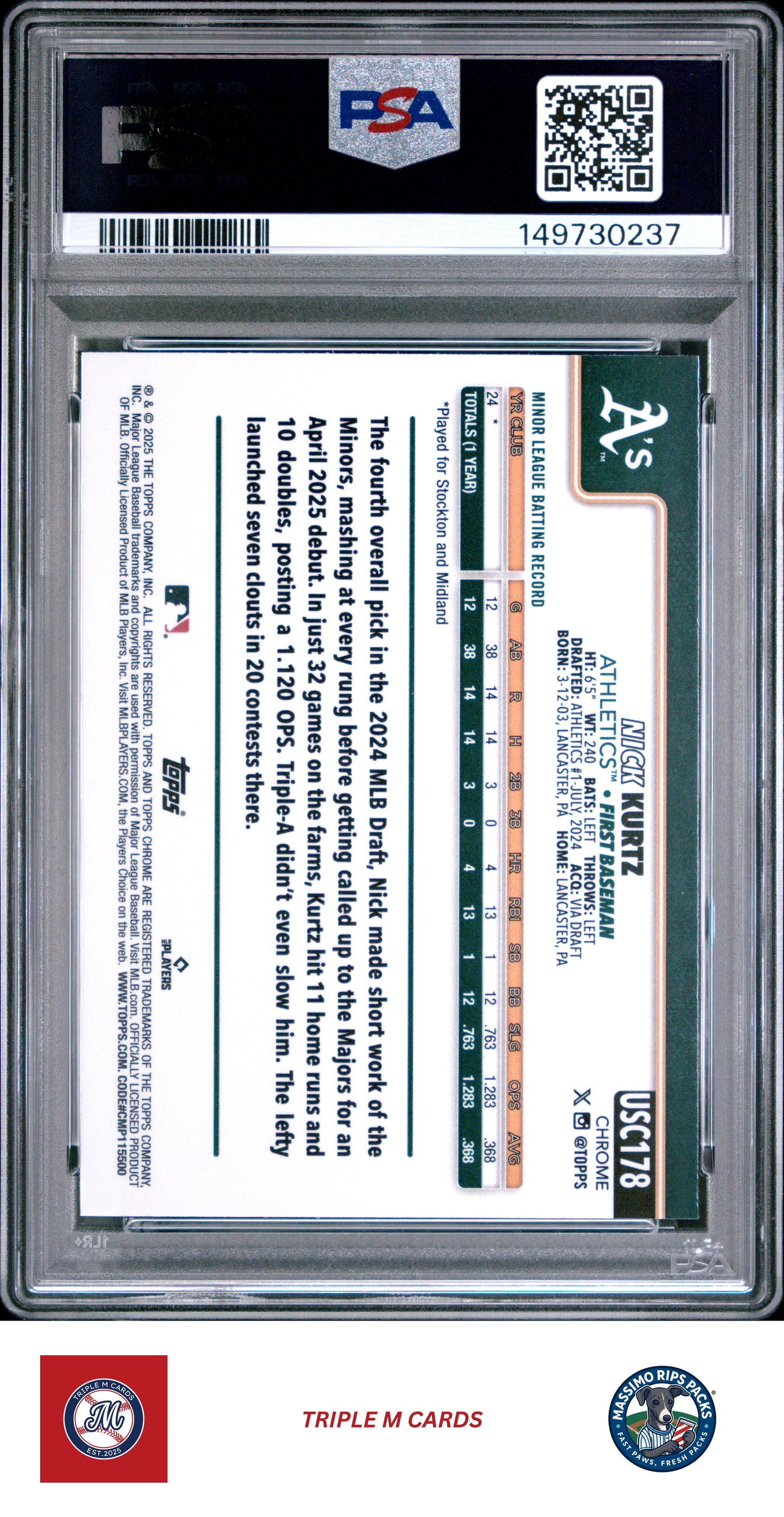 2025 Topps Chrome Update #USC178 Nick Kurtz RayWave Refractor PSA 9