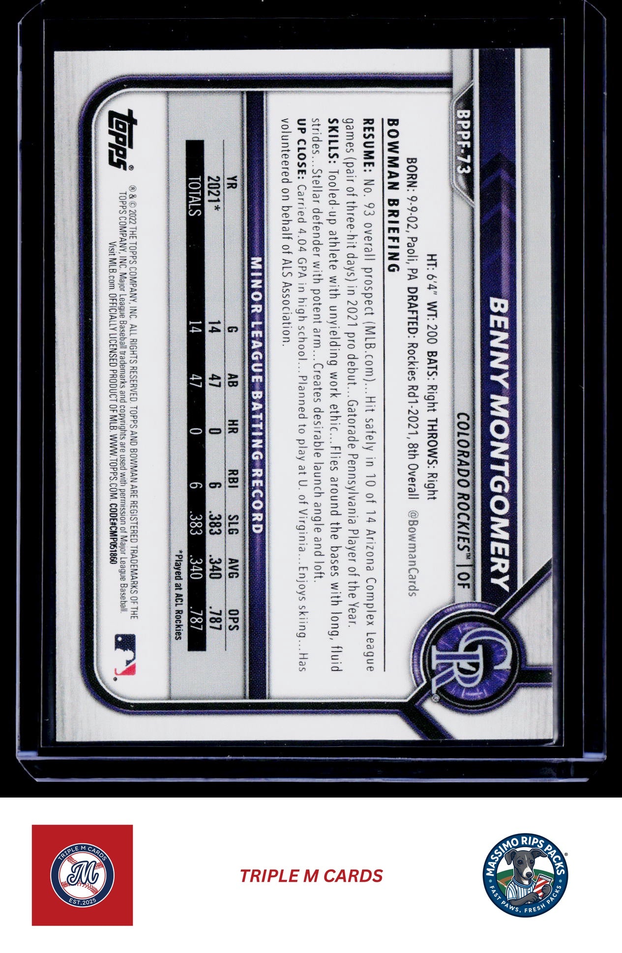 2022 Bowman #BP-73 Benny Montgomery Prospects