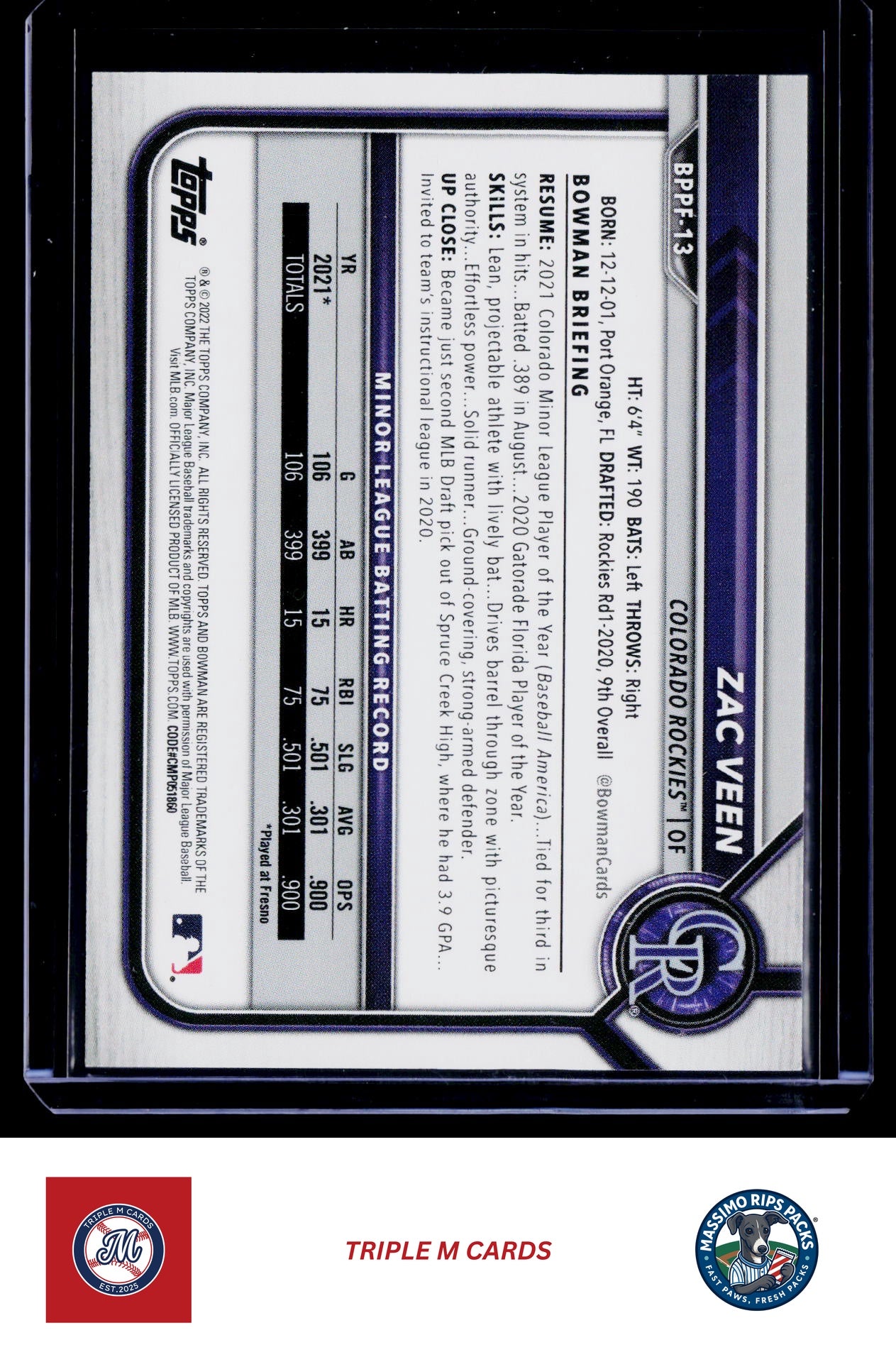 2022 Bowman #BP-13 Zac Veen Prospects