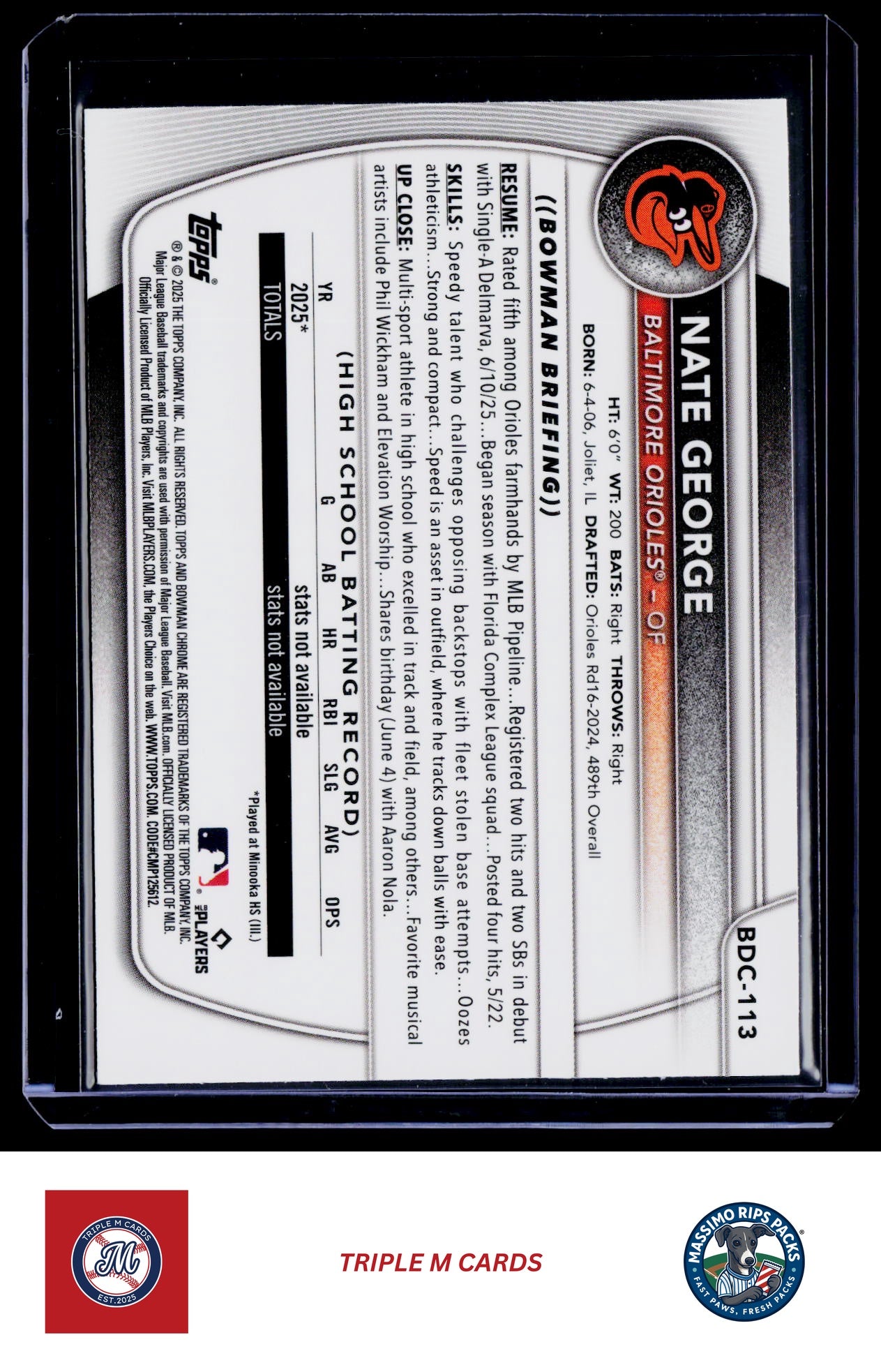 2025 Bowman Draft #BDC-113 Nate George Chrome Refractor