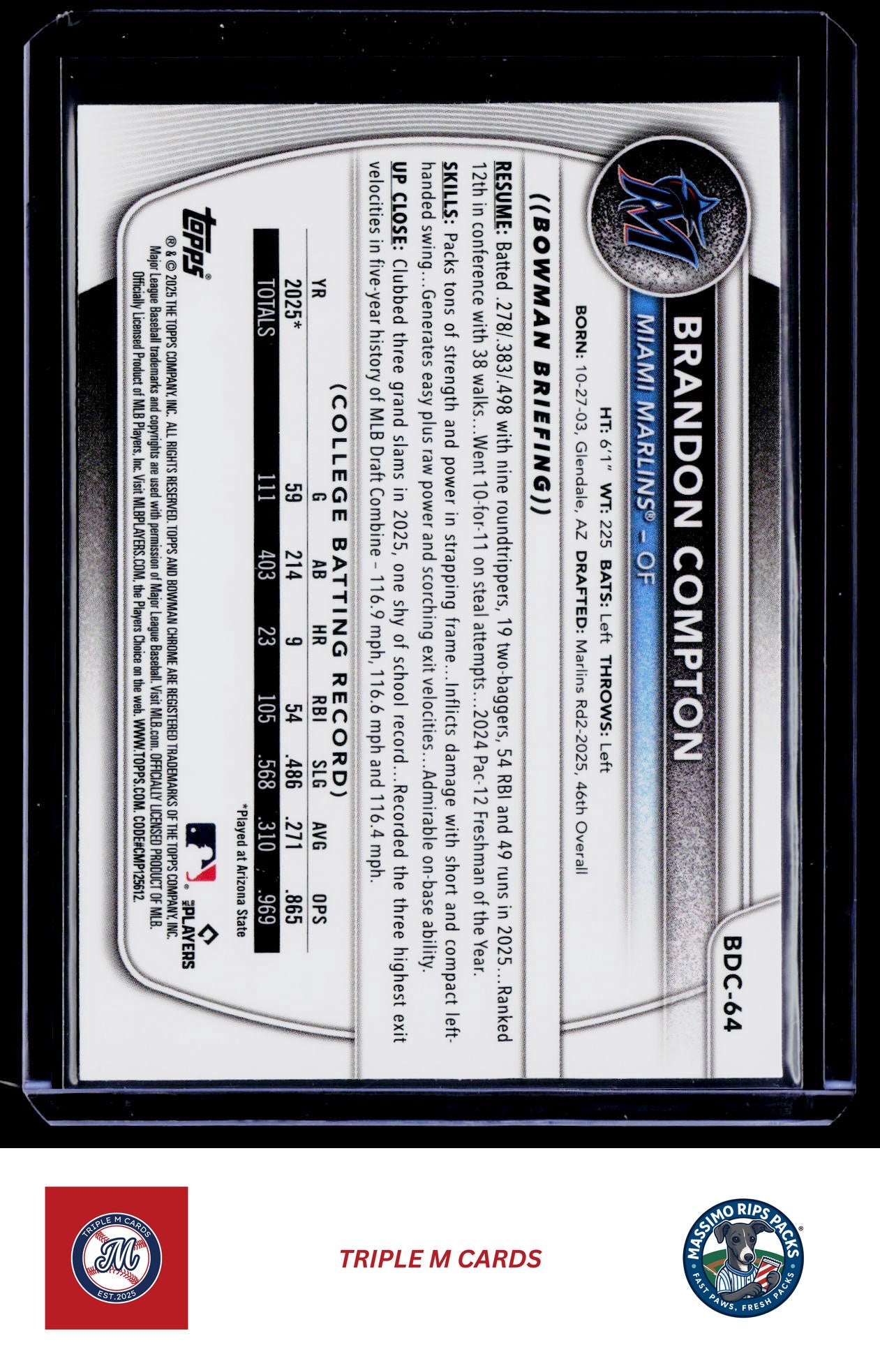 2025 Bowman Draft #BDC-64 Brandon Compton Chrome