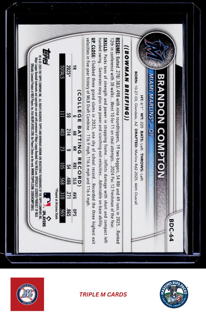 2025 Bowman Draft #BDC-64 Brandon Compton Chrome