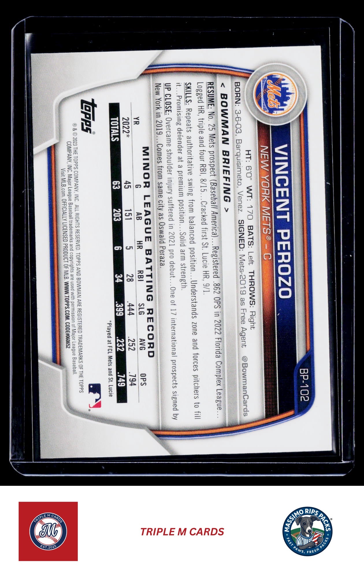 2023 Bowman #BP-102 Vincent Perozo Prospects