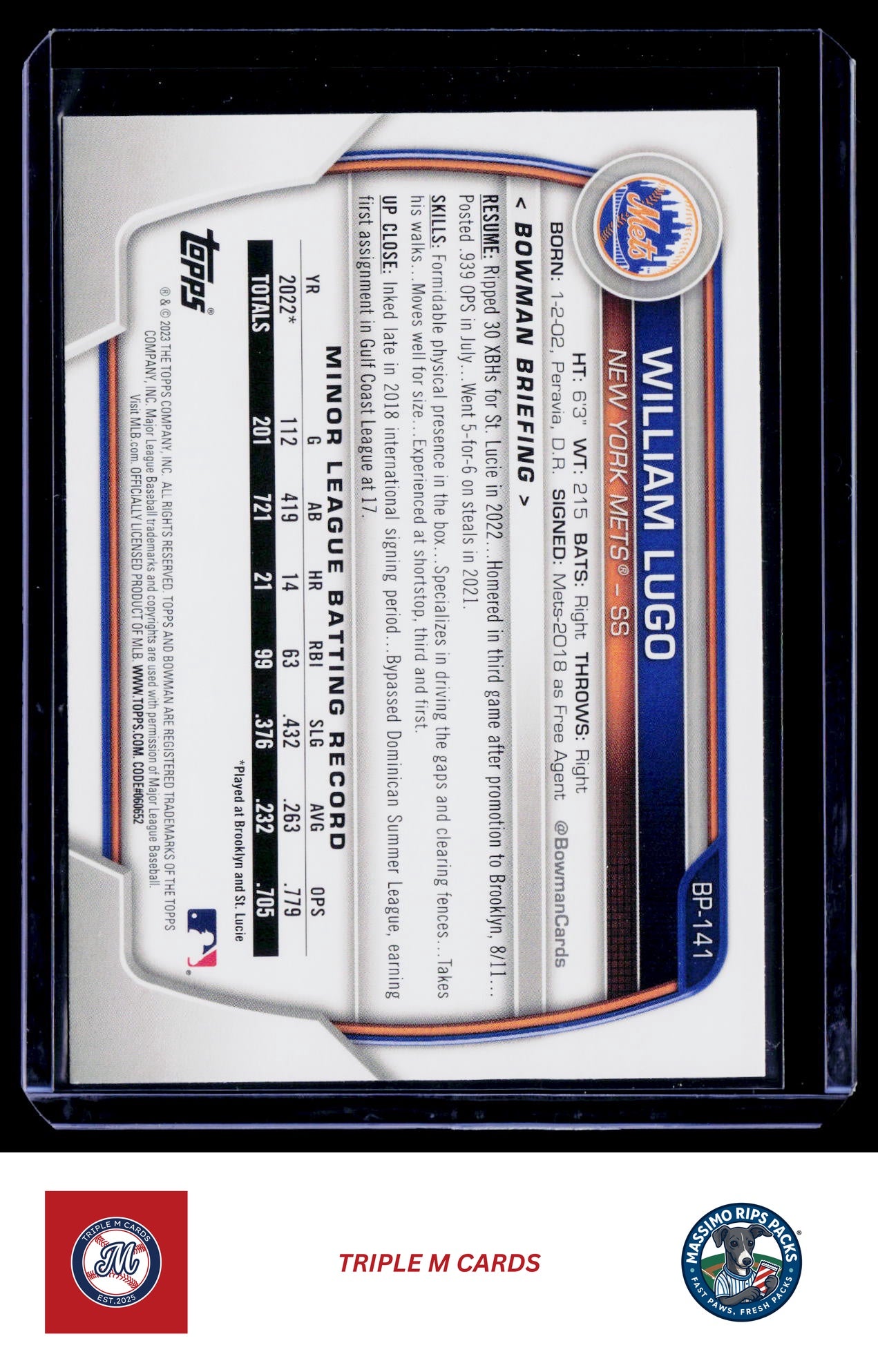 2023 Bowman #BP-141 William Lugo Prospects