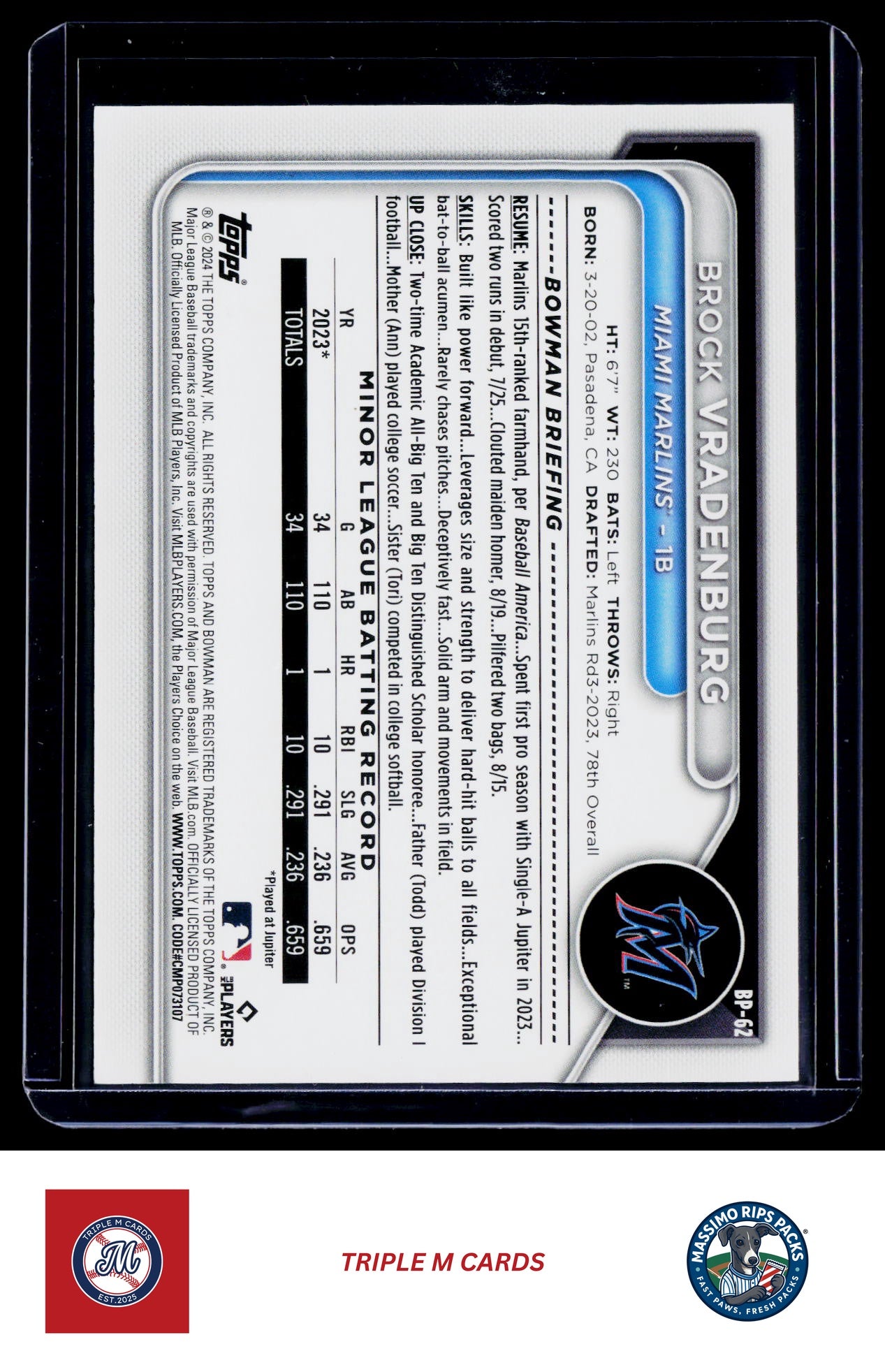 2024 Bowman #BP-62 Brock Vradenburg Prospects Sky Blue #/499