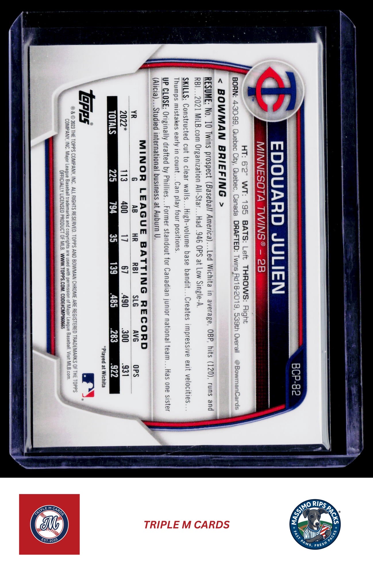 2023 Bowman #BCP-82 Edouard Julien Chrome Prospects Fuchsia Refractors #/199