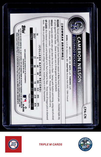 2025 Bowman Draft #CPA-CN Cameron Nelson Chrome Prospect Autographs