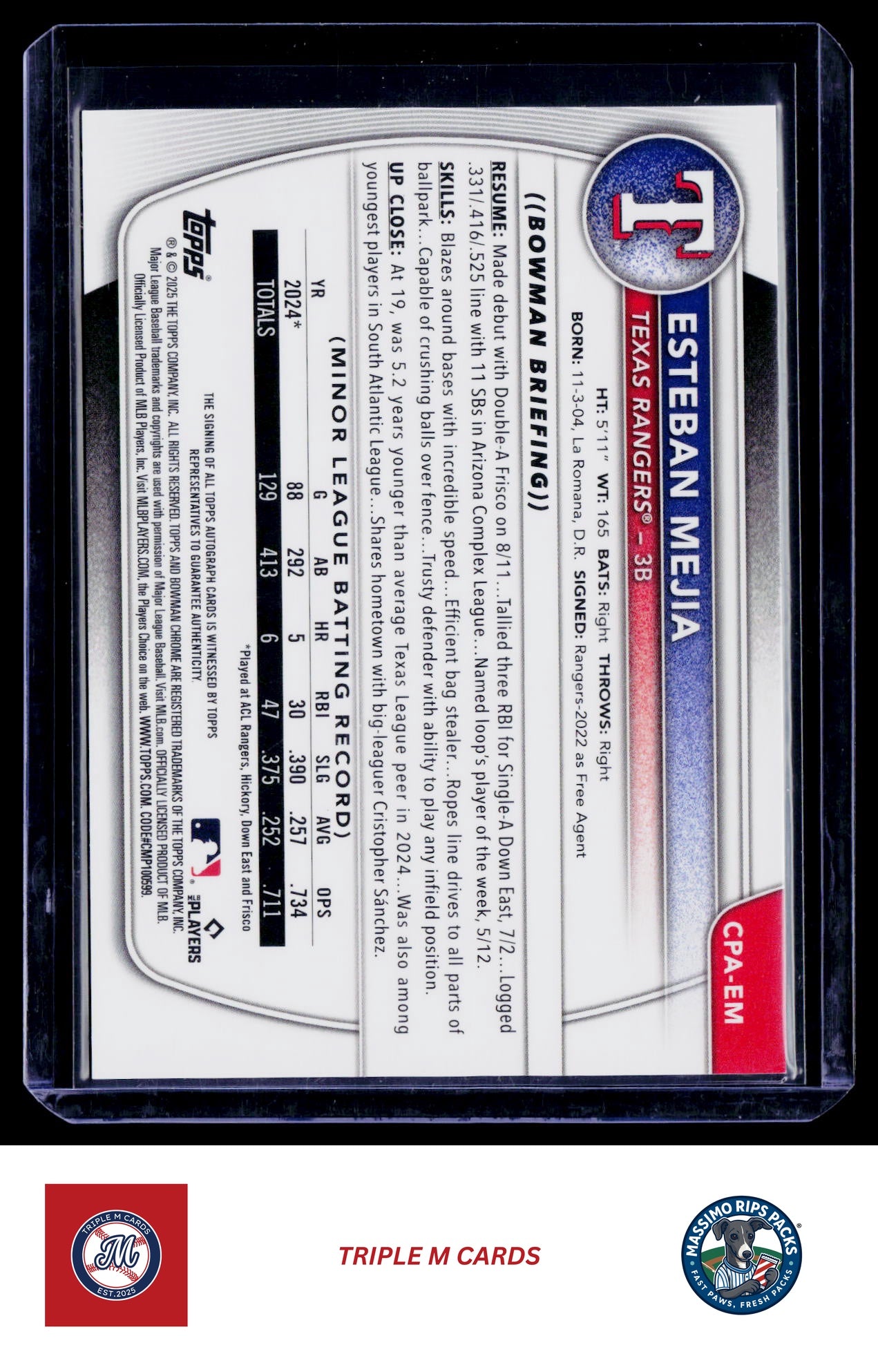 2025 Bowman #CPA-EM Esteban Mejia Chrome Prospect Autographs