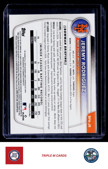 2025 Bowman #BPA-JR Jeremy Rodriguez Prospect Autographs Green #/99