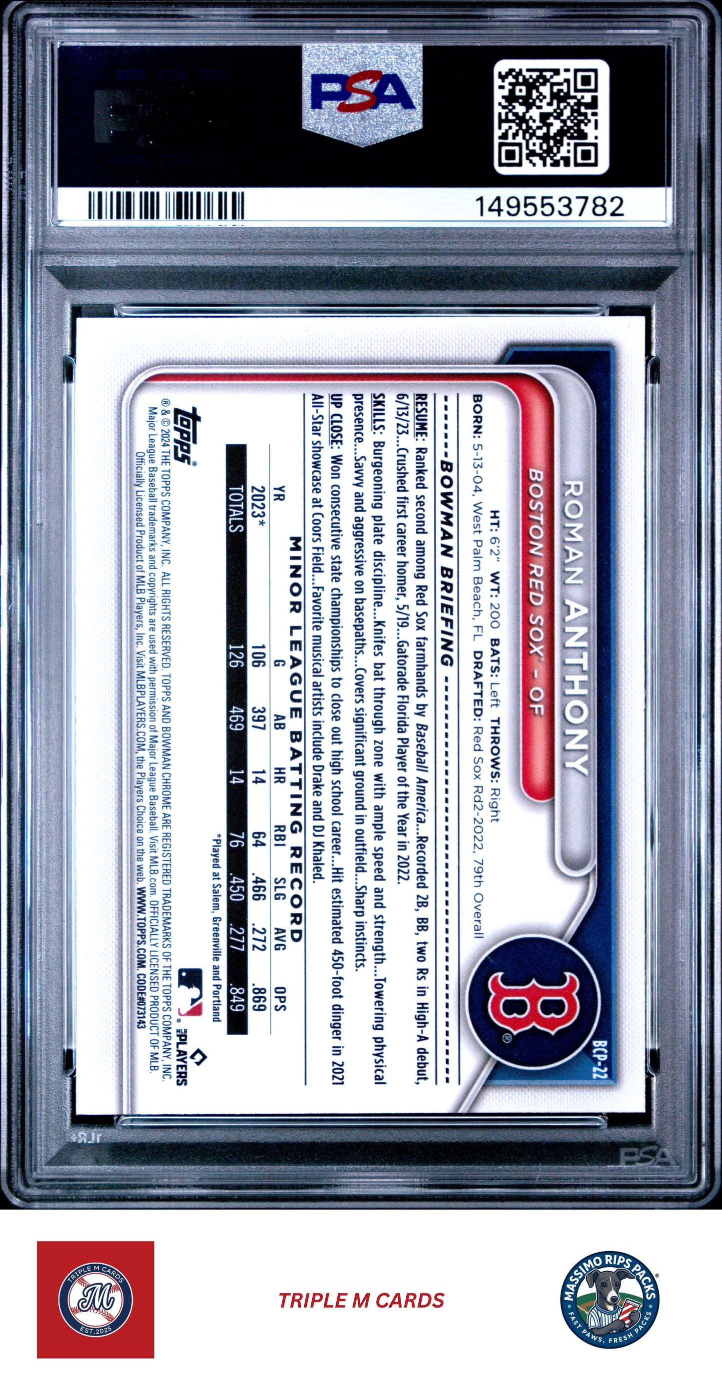 2024 Bowman #BCP-22 Roman Anthony Chrome Prospects Lunar Glow Refractors PSA 9