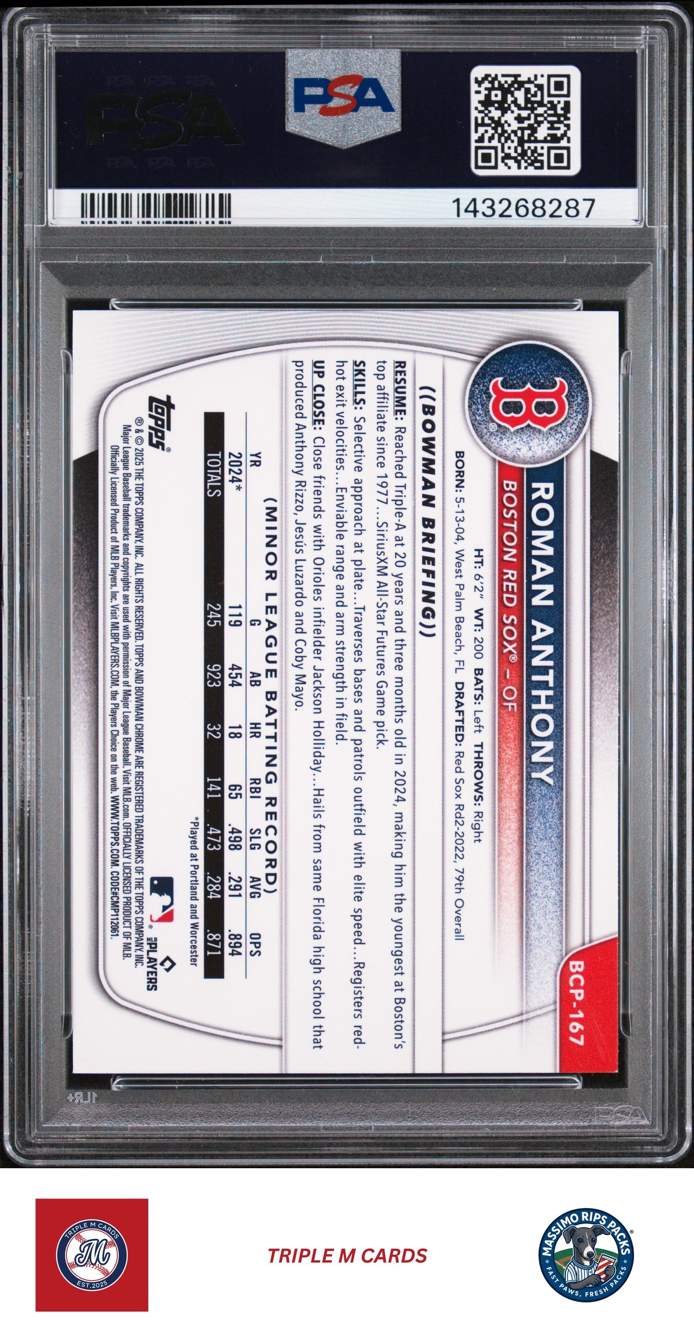 2025 Bowman Chrome #BCP-167 Roman Anthony PSA 9