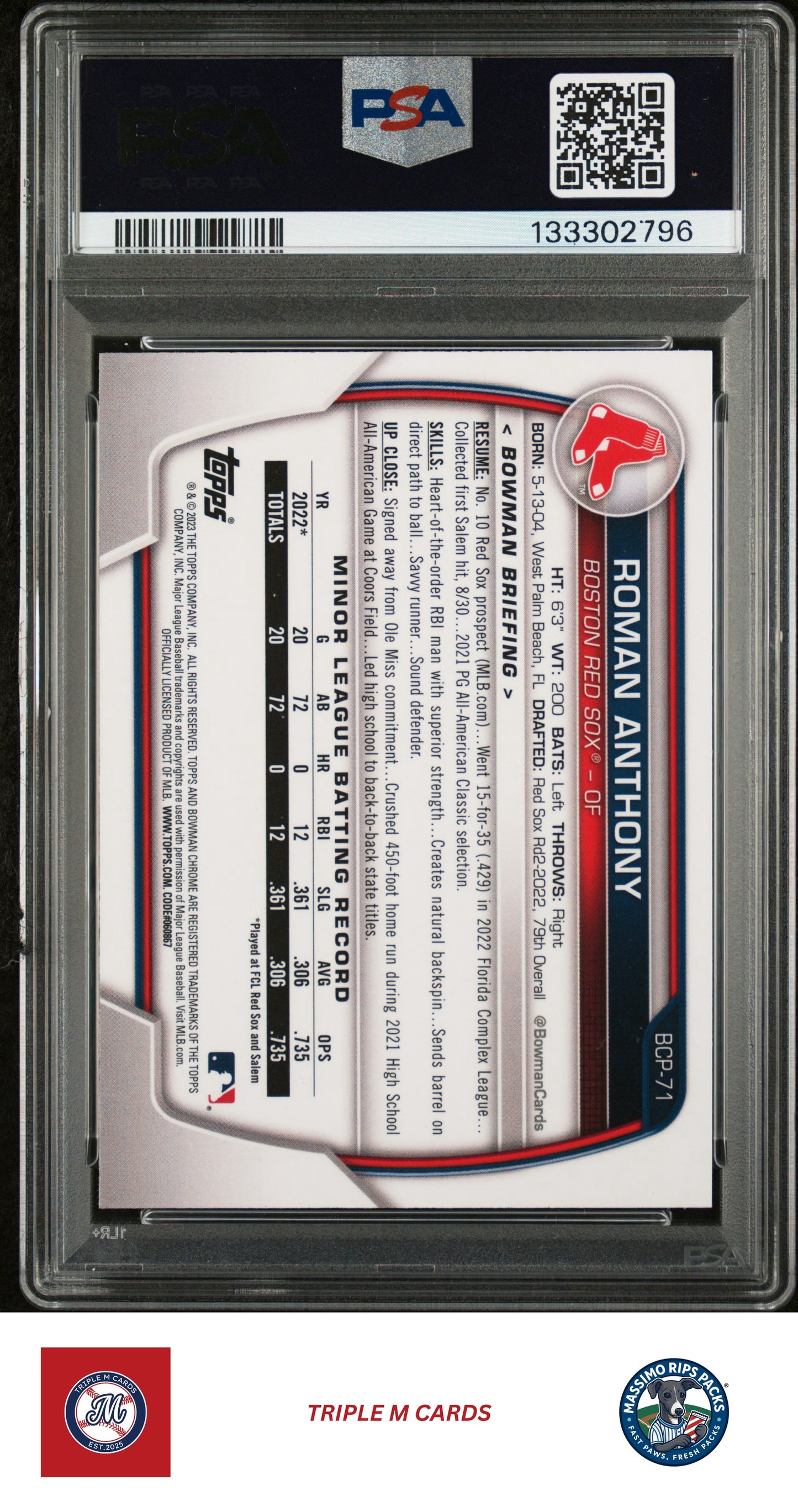 2023 Bowman #BCP-71 Roman Anthony Chrome Prospects Mojo Refractors PSA 7