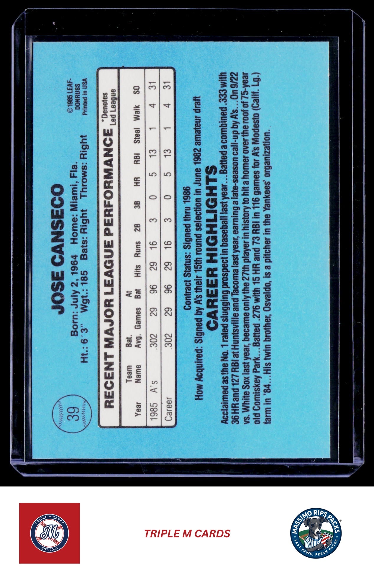 1986 Donruss #39 Jose Canseco