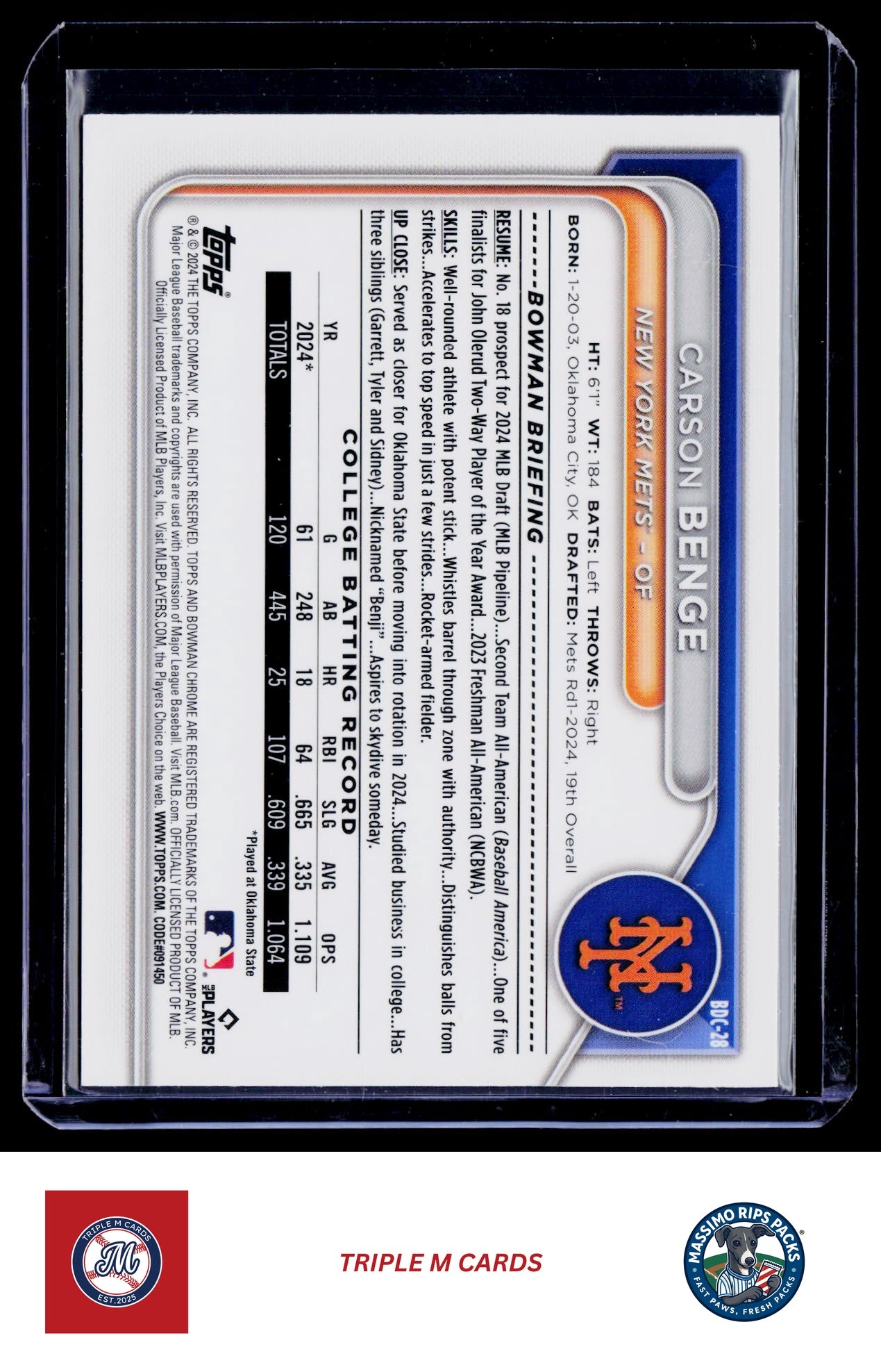 2024 Bowman Draft #BDC-28 Carson Benge Chrome