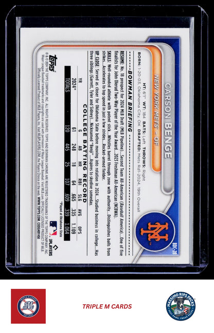 2024 Bowman Draft #BDC-28 Carson Benge Chrome