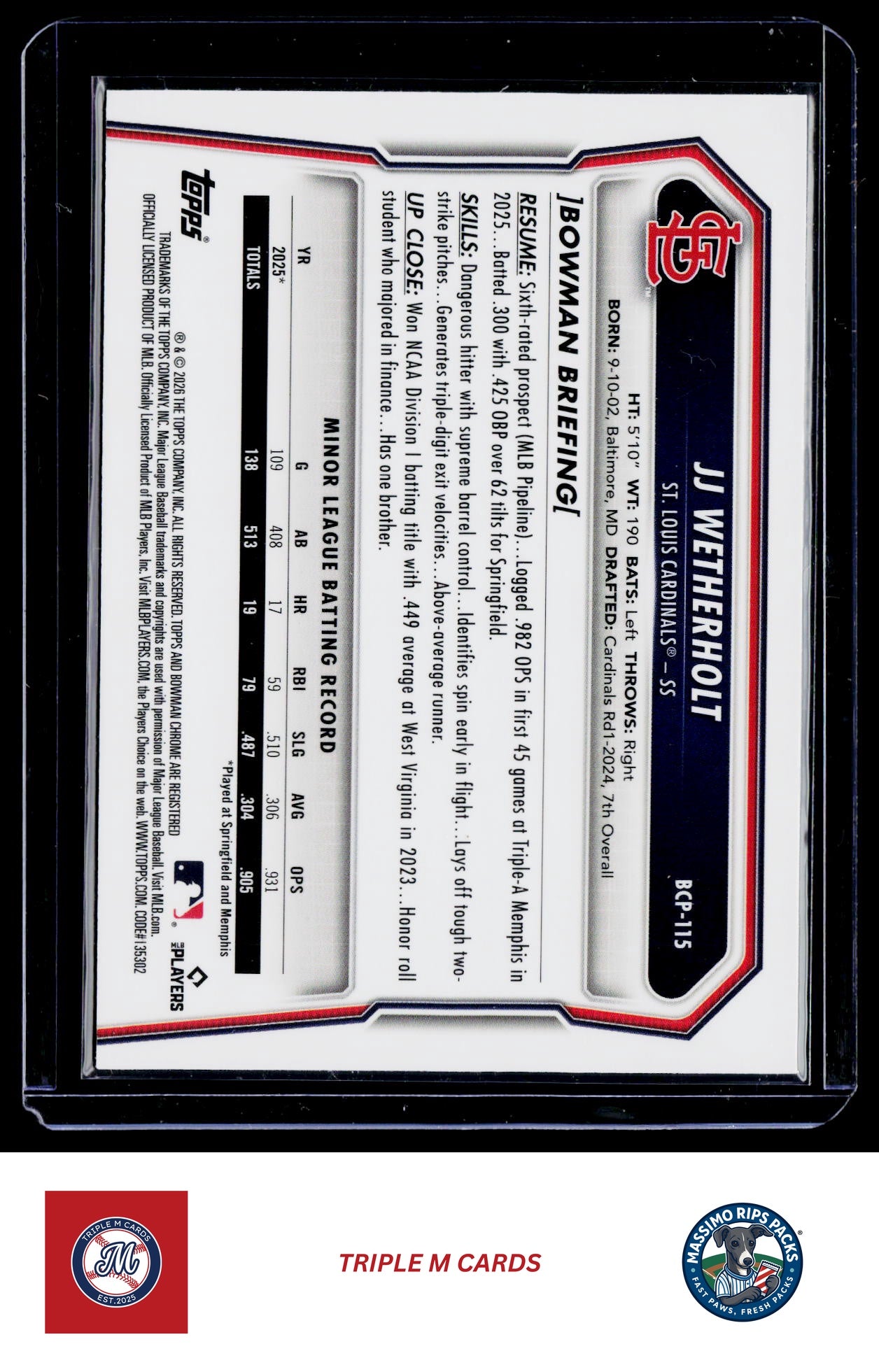 2026 Bowman #BCP-115 JJ Wetherholt Chrome Prospects