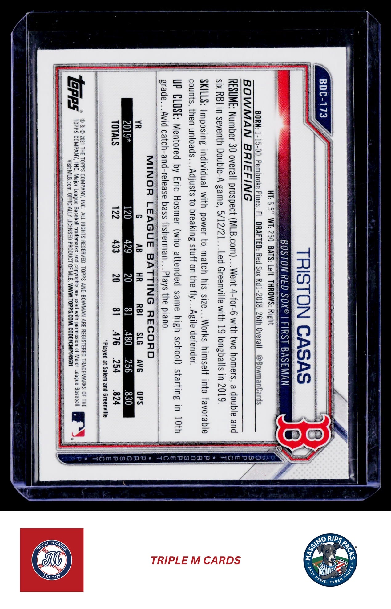 2021 Bowman Draft #BDC-173 Triston Casas Chrome Sky Blue Refractor