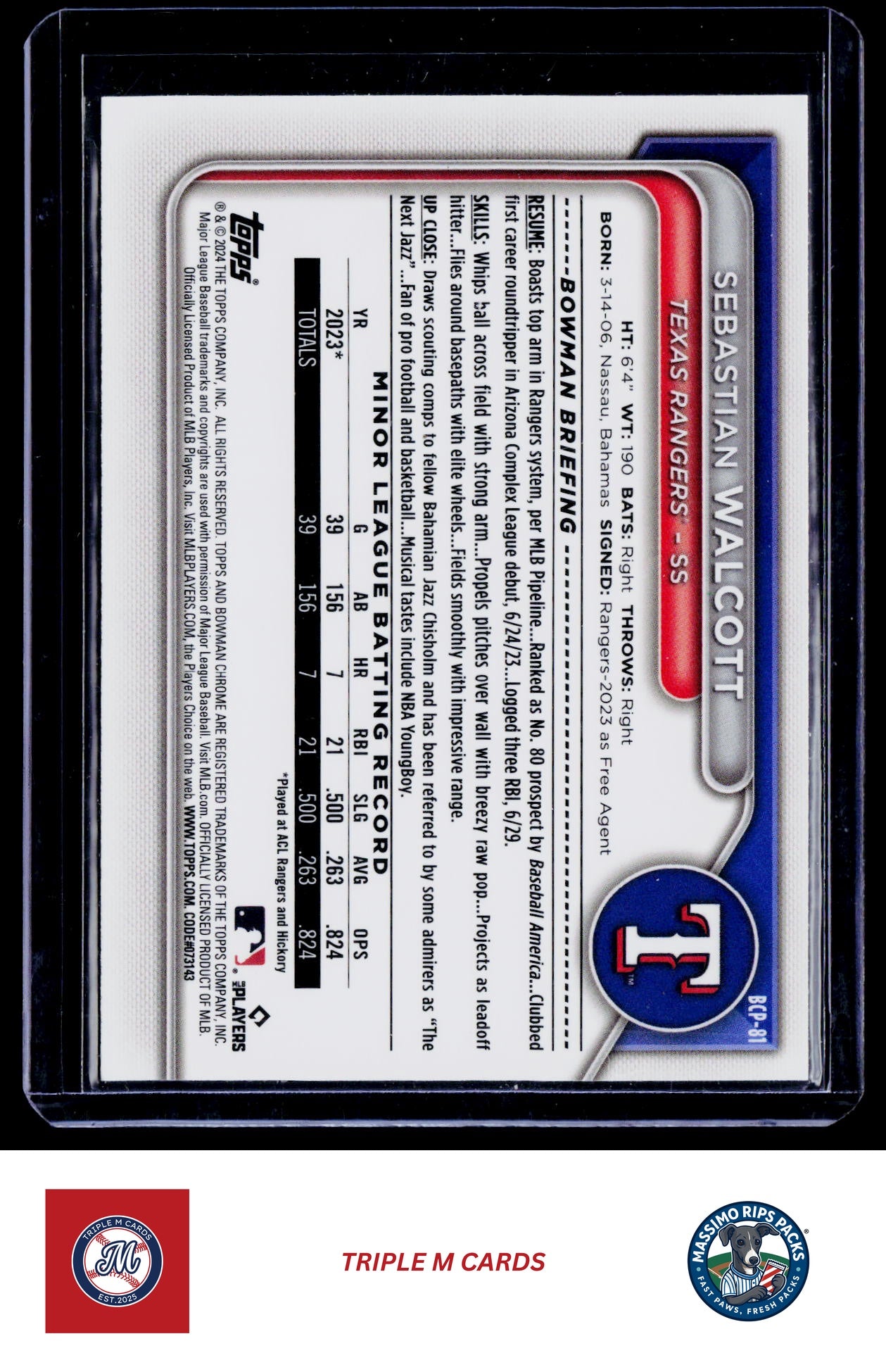 2024 Bowman #BCP-81 Sebastian Walcott Chrome Prospects Lunar Glow Refractors