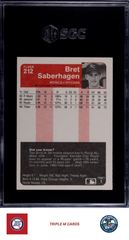 1985 Fleer #212 Bret Saberhagen SGC 8.5