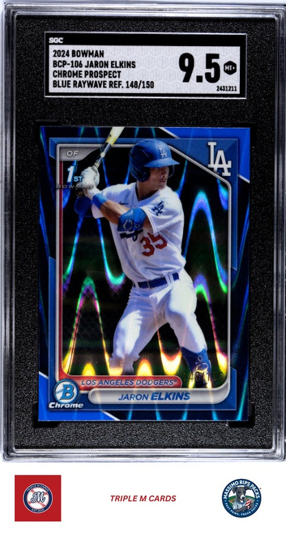 2024 Bowman #BCP-106 Jaron Elkins Chr. Pros. Blue RayWave Ref. /150 SGC 9.5